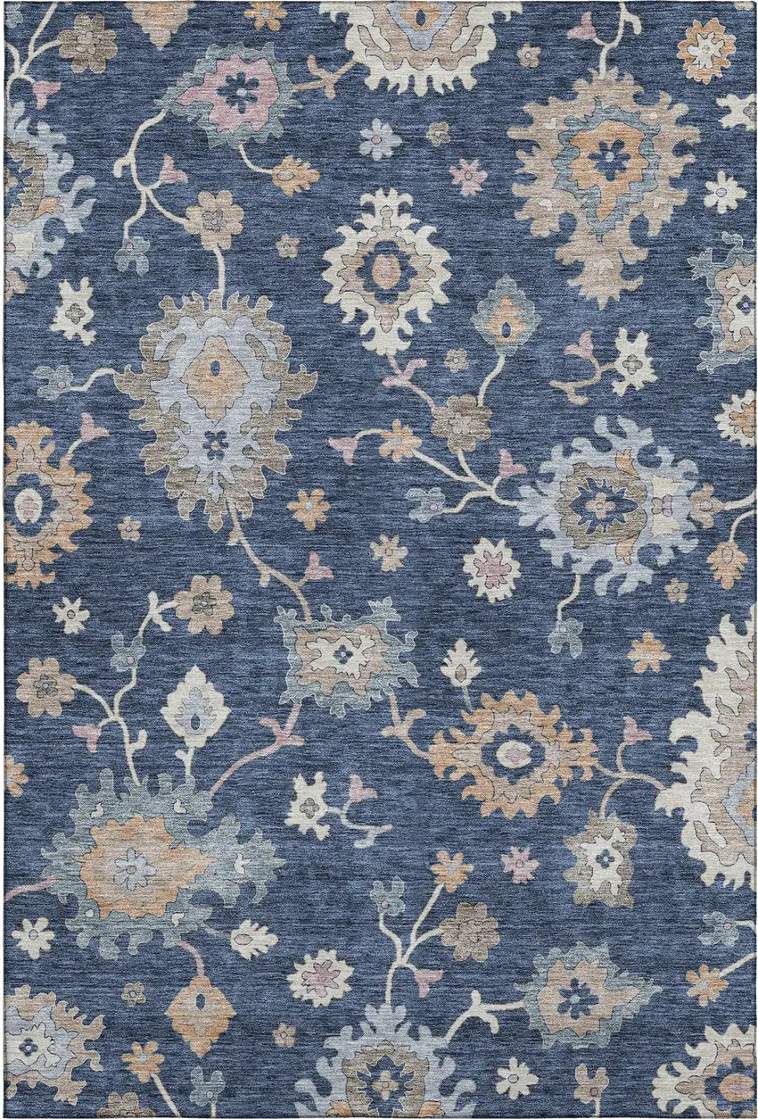 Navy Blue Copper And Gray Floral Washable Area Rug With UV Protection Photo 5