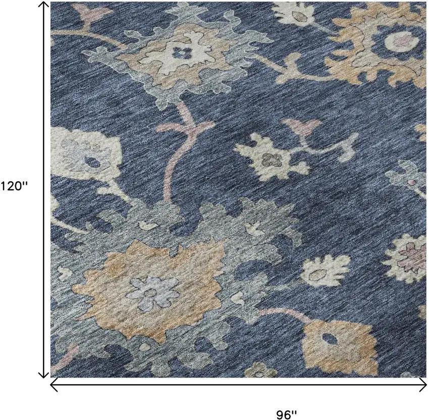 Navy Blue Copper And Gray Floral Washable Area Rug With UV Protection Photo 9