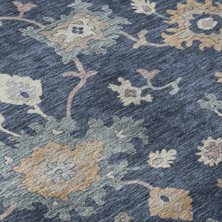 Navy Blue Copper And Gray Floral Washable Area Rug With UV Protection Photo 1