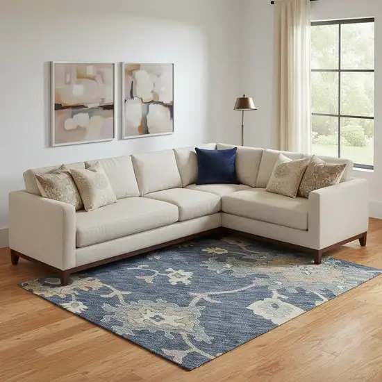 Navy Blue Copper And Gray Floral Washable Area Rug With UV Protection Photo 2