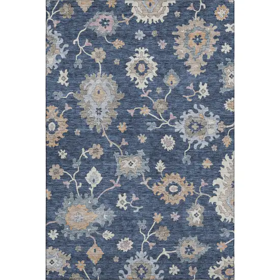 Navy Blue Copper And Gray Floral Washable Area Rug With UV Protection Photo 6