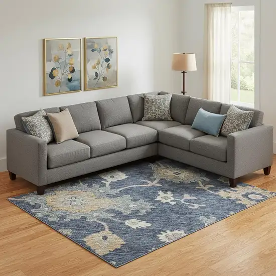 Navy Blue Copper And Gray Floral Washable Area Rug With UV Protection Photo 2