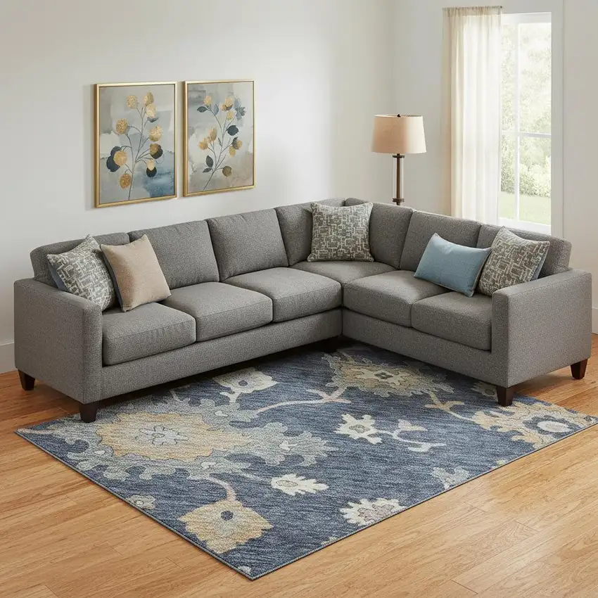 Navy Blue Copper And Gray Floral Washable Area Rug With UV Protection Photo 2