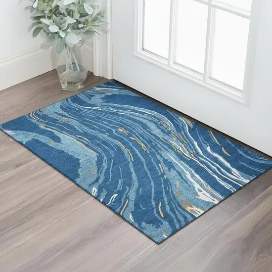 Navy Blue Copper And Ivory Abstract Washable Area Rug With UV Protection Photo 2