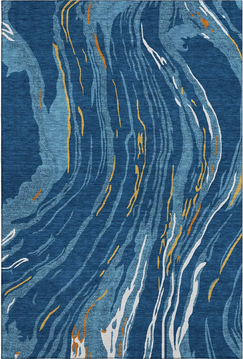 Navy Blue Copper And Ivory Abstract Washable Area Rug With UV Protection Photo 1