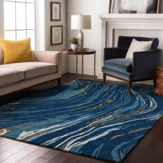 Navy Blue Copper And Ivory Abstract Washable Area Rug With UV Protection Photo 3