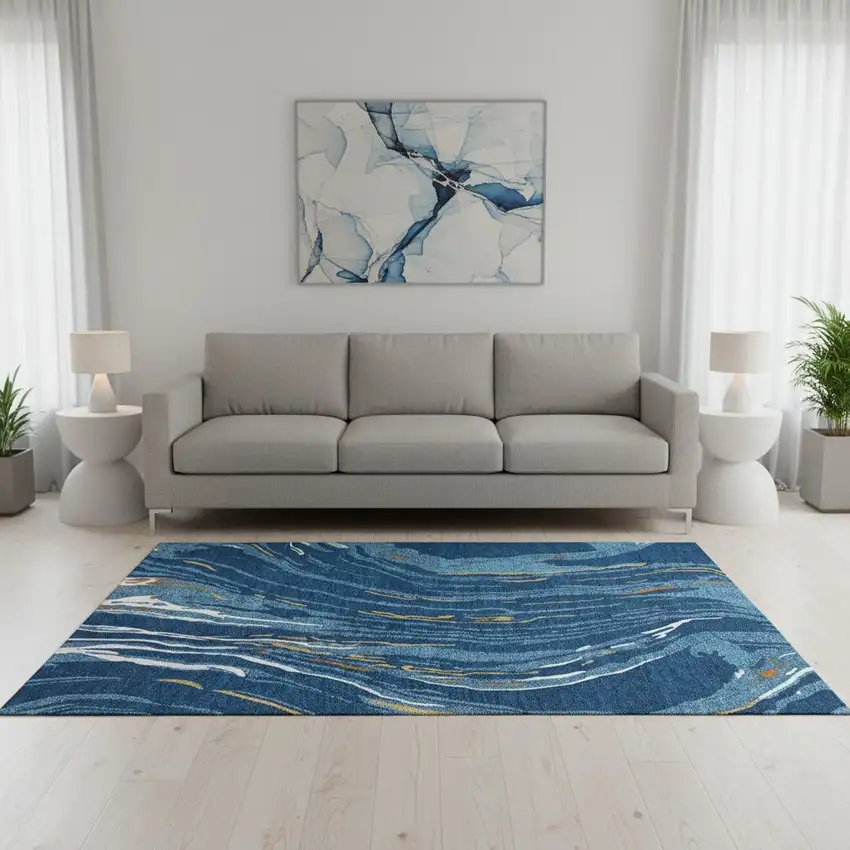 Navy Blue Copper And Ivory Abstract Washable Area Rug With UV Protection Photo 2