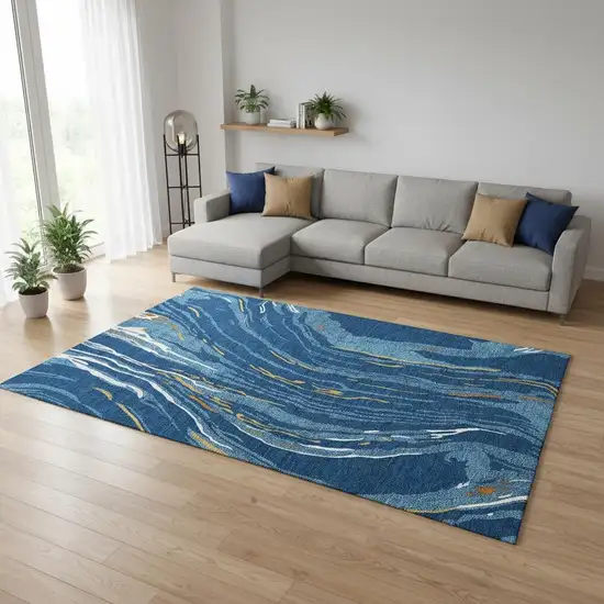 Navy Blue Copper And Ivory Abstract Washable Area Rug With UV Protection Photo 2
