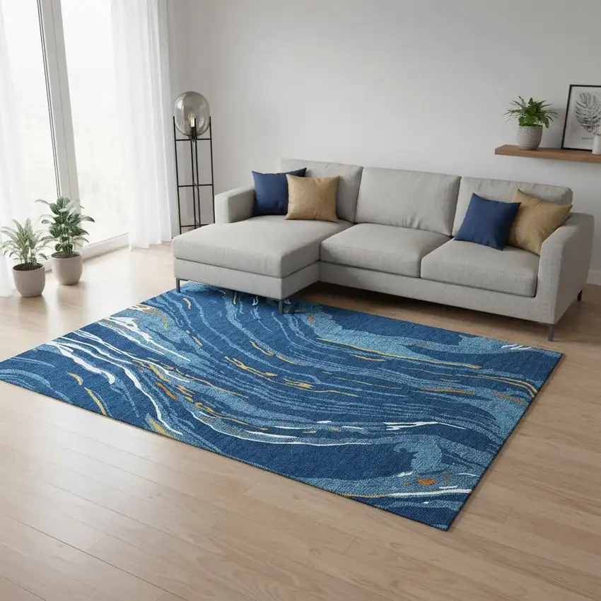 Navy Blue Copper And Ivory Abstract Washable Area Rug With UV Protection Photo 2