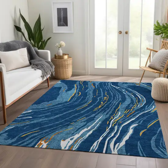 Navy Blue Copper And Ivory Abstract Washable Area Rug With UV Protection Photo 5