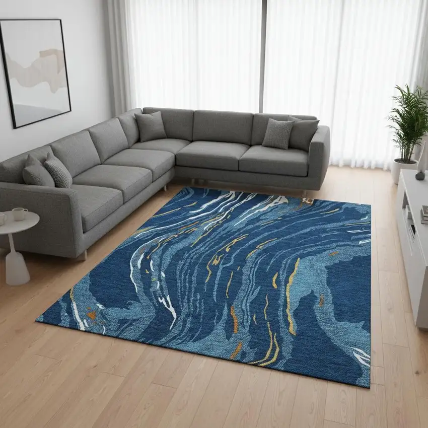 Navy Blue Copper And Ivory Abstract Washable Area Rug With UV Protection Photo 2