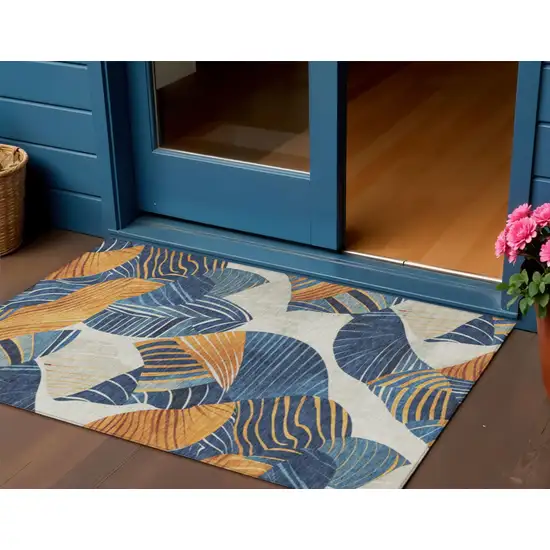 Navy Blue Copper And Ivory Floral Washable Indoor Outdoor Area Rug Photo 2