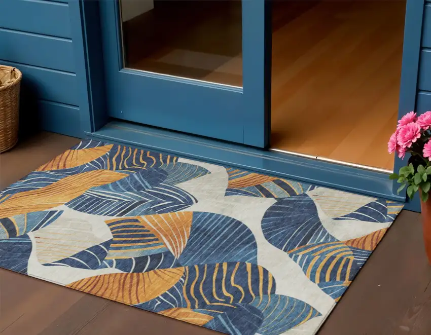 Navy Blue Copper And Ivory Floral Washable Indoor Outdoor Area Rug Photo 2