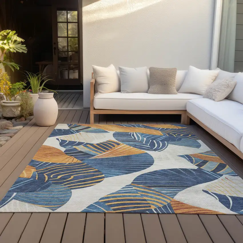 Navy Blue Copper And Ivory Floral Washable Indoor Outdoor Area Rug Photo 9