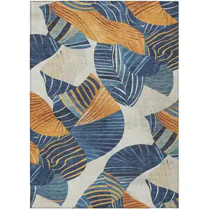 Photo of Navy Blue Copper And Ivory Floral Washable Indoor Outdoor Area Rug