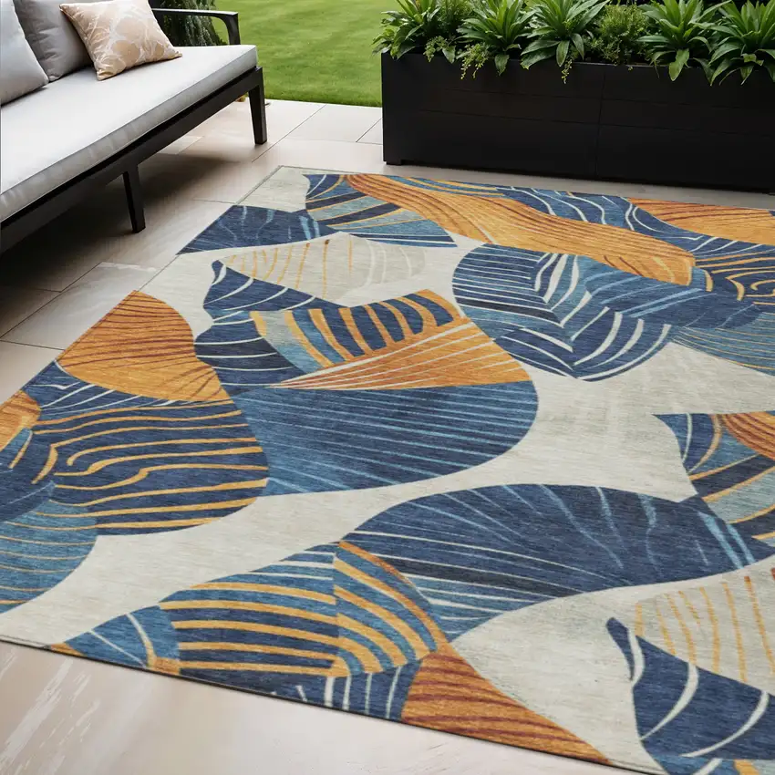 Navy Blue Copper And Ivory Floral Washable Indoor Outdoor Area Rug Photo 2