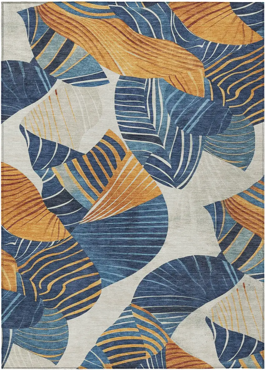 Navy Blue Copper And Ivory Floral Washable Indoor Outdoor Area Rug Photo 1