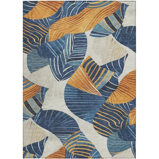 Navy Blue Copper And Ivory Floral Washable Indoor Outdoor Area Rug Photo 3
