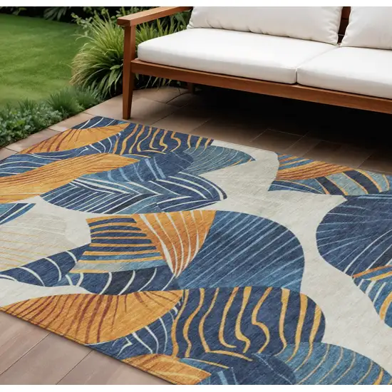 Navy Blue Copper And Ivory Floral Washable Indoor Outdoor Area Rug Photo 2