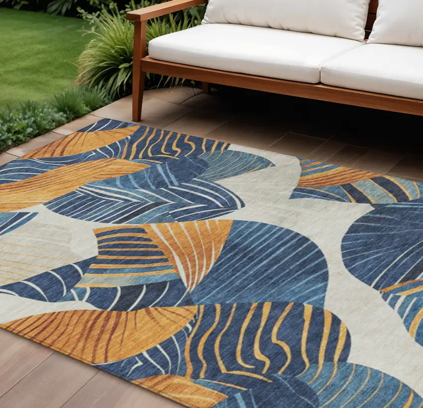 Navy Blue Copper And Ivory Floral Washable Indoor Outdoor Area Rug Photo 2