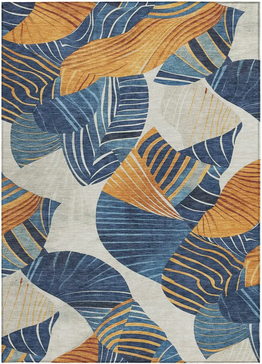 Navy Blue Copper And Ivory Floral Washable Indoor Outdoor Area Rug Photo 3