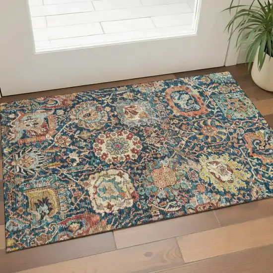 Navy Blue Coral And Gold Damask Washable Area Rug With UV Protection Photo 1