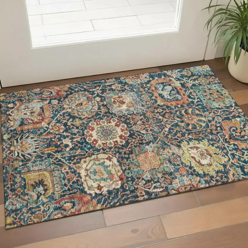 Navy Blue Coral And Gold Damask Washable Area Rug With UV Protection Photo 1