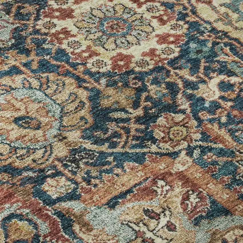 Navy Blue Coral And Gold Damask Washable Area Rug With UV Protection Photo 9