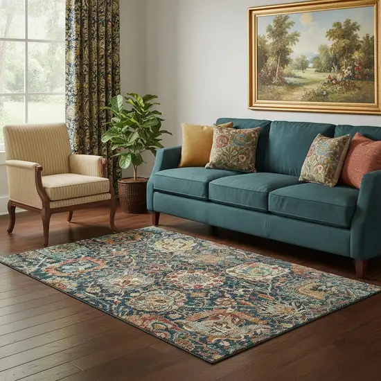 Navy Blue Coral And Gold Damask Washable Area Rug With UV Protection Photo 2