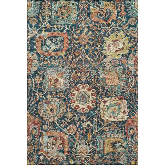 Navy Blue Coral And Gold Damask Washable Area Rug With UV Protection Photo 1