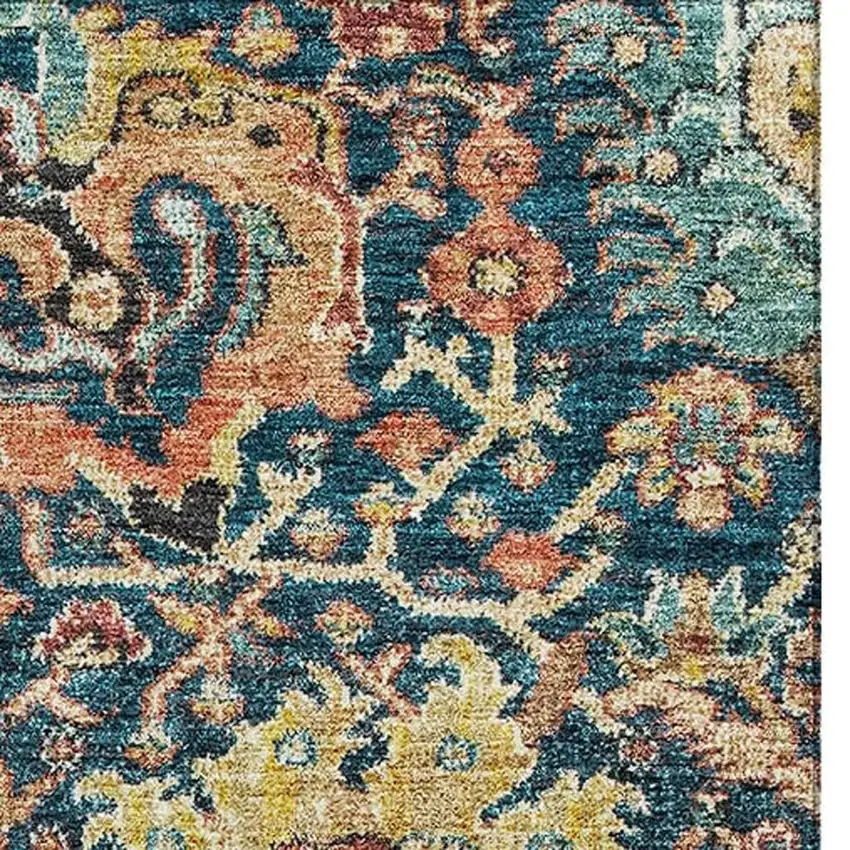 Navy Blue Coral And Gold Damask Washable Area Rug With UV Protection Photo 3