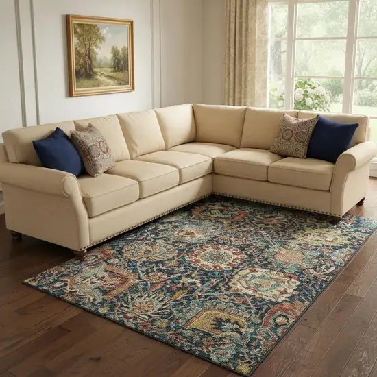 Navy Blue Coral And Gold Damask Washable Area Rug With UV Protection Photo 2