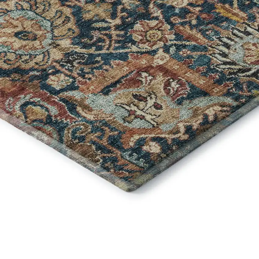 Navy Blue Coral And Gold Damask Washable Area Rug With UV Protection Photo 7