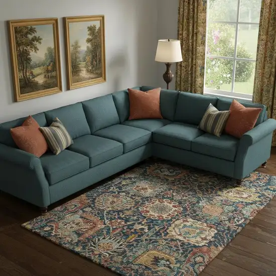 Navy Blue Coral And Gold Damask Washable Area Rug With UV Protection Photo 2