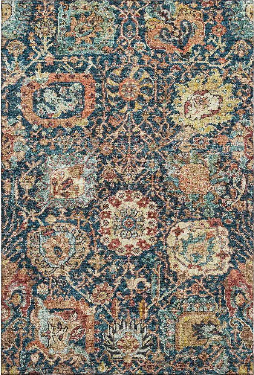 Navy Blue Coral And Gold Damask Washable Area Rug With UV Protection Photo 1