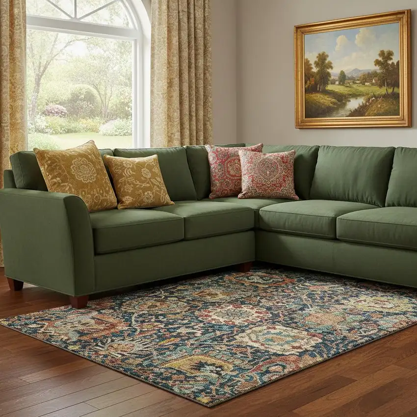 Navy Blue Coral And Gold Damask Washable Area Rug With UV Protection Photo 2