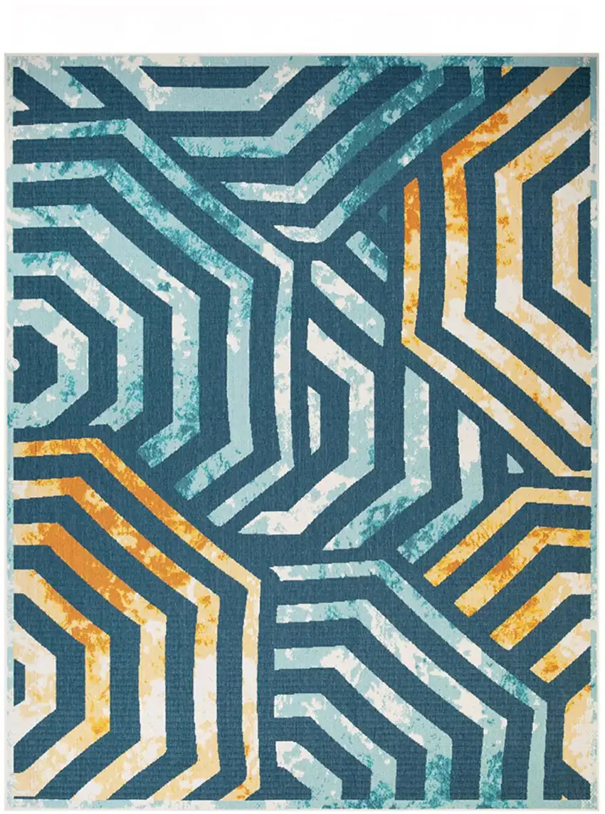 Navy Blue- Cream Geometric Stain Resistant Indoor Outdoor Area Rug Photo 1