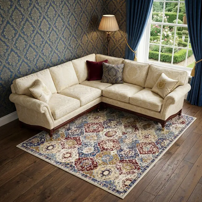Navy Blue Damask Power Loom Distressed Area Rug Photo 1