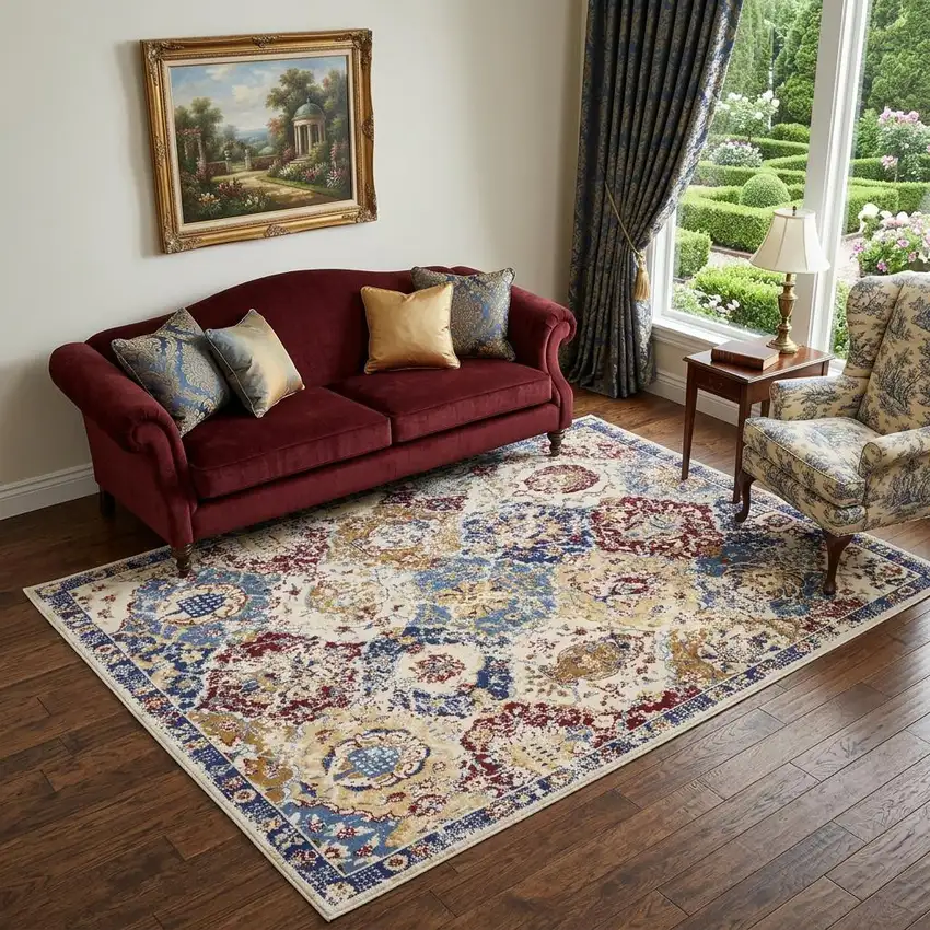 Navy Blue Damask Power Loom Distressed Area Rug Photo 1