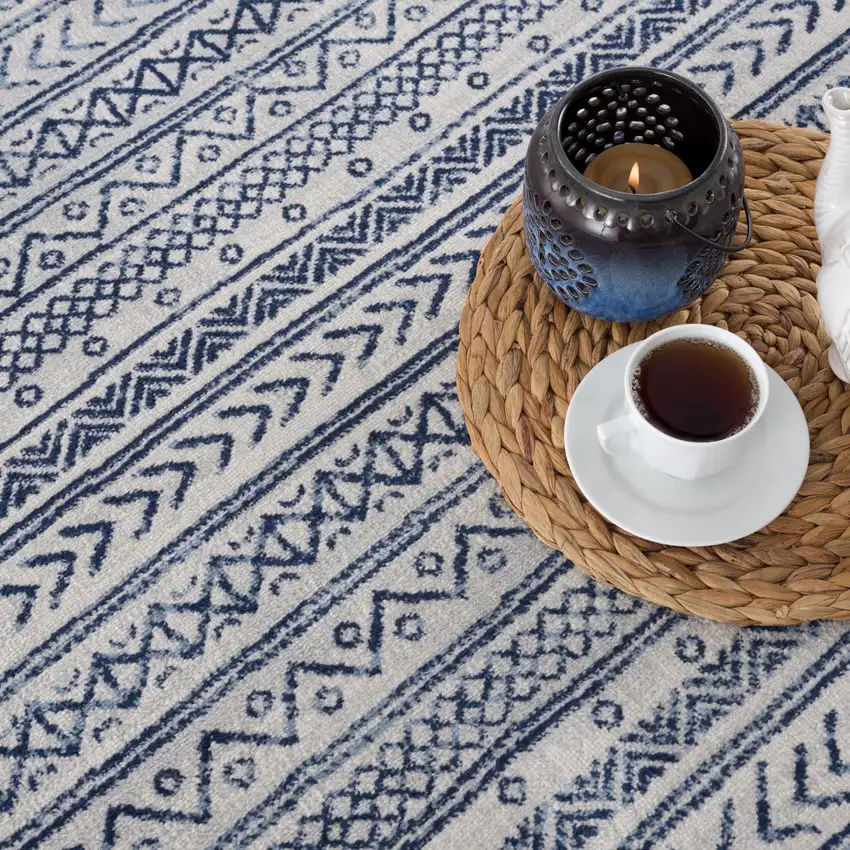 2' X 8' Navy Blue Decorative Stripes Area Rug Photo 5