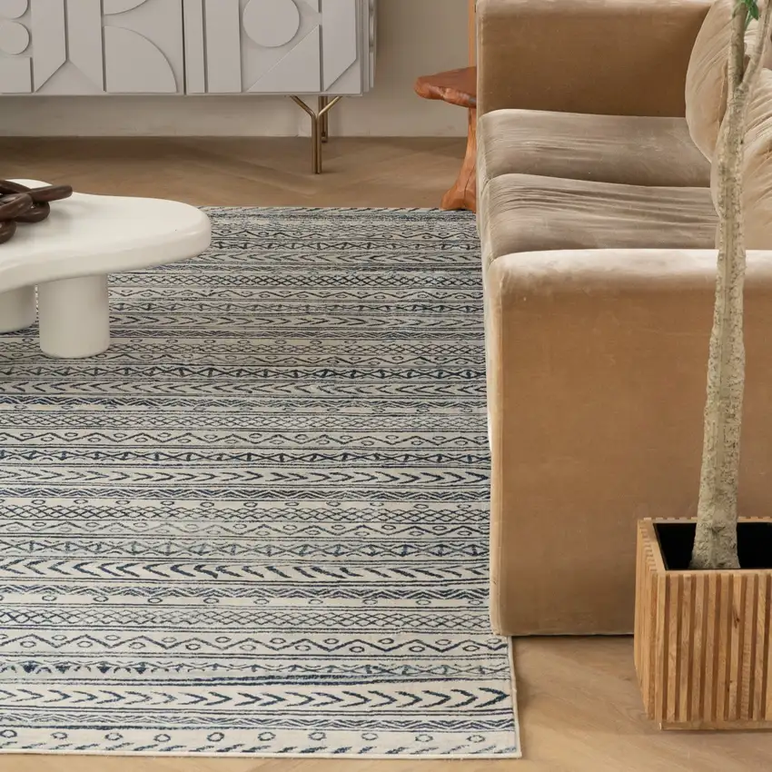 Navy Blue Decorative Stripes Area Rug Photo 7