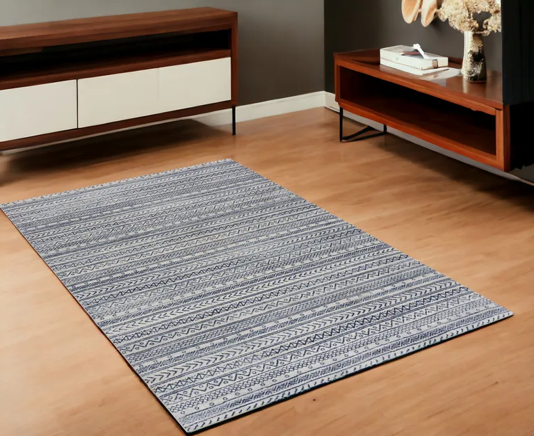 Navy Blue Decorative Stripes Area Rug Photo 2