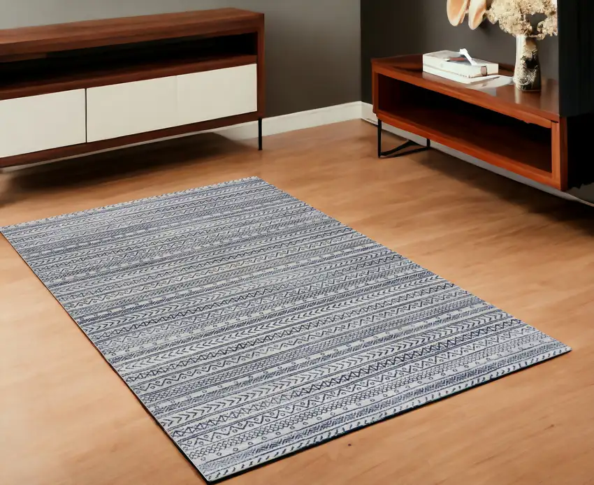Navy Blue Decorative Stripes Area Rug Photo 2