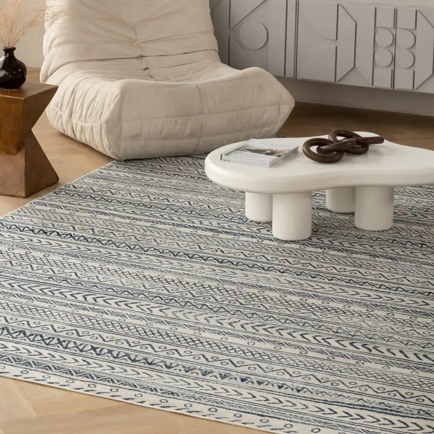 Navy Blue Decorative Stripes Area Rug Photo 8