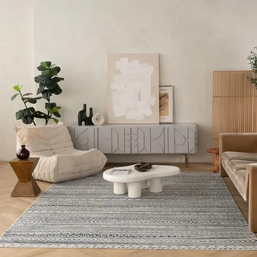 Navy Blue Decorative Stripes Area Rug Photo 5