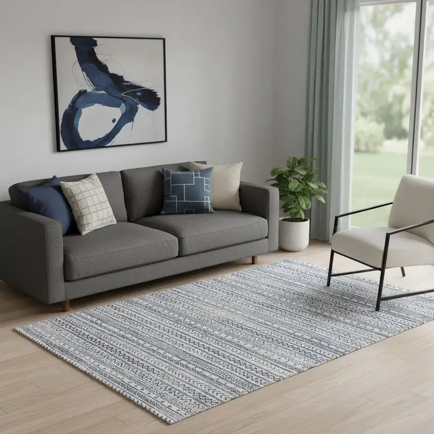 Navy Blue Decorative Stripes Area Rug Photo 1