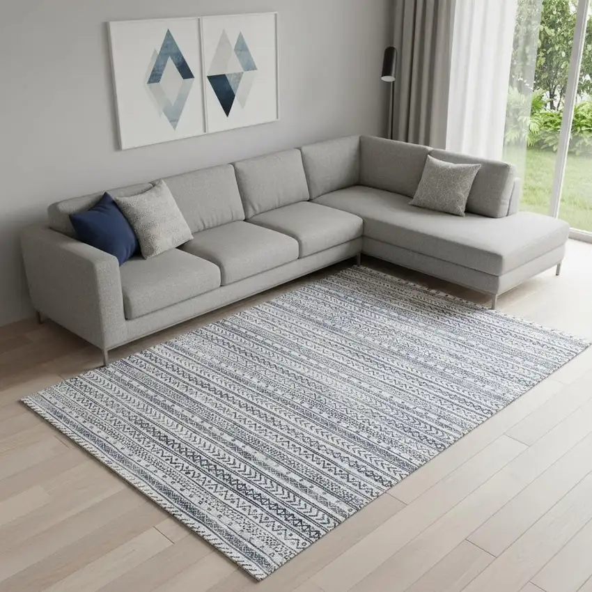 Navy Blue Decorative Stripes Area Rug Photo 1