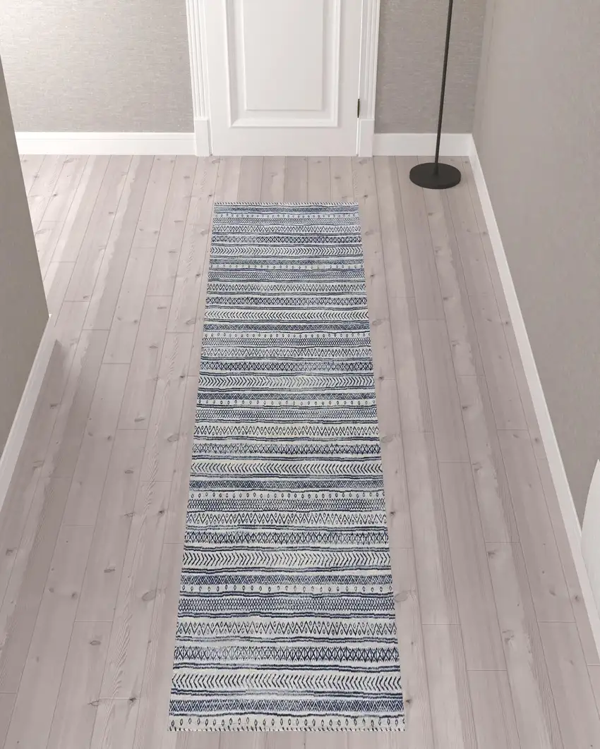 Navy Blue Decorative Stripes Runner Rug Photo 3