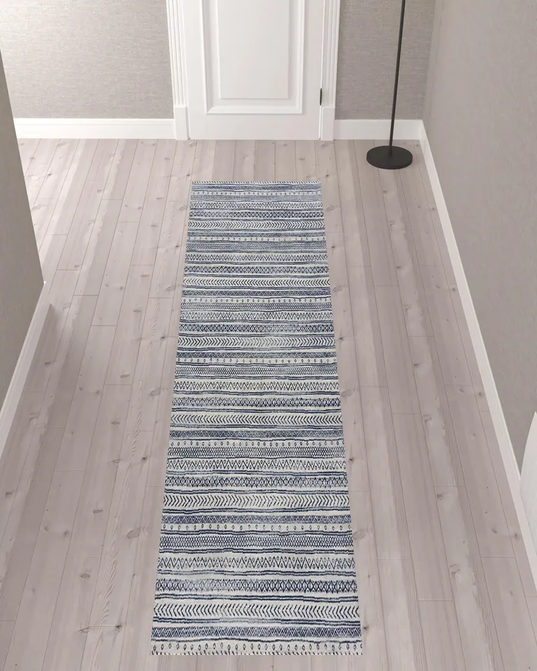 Navy Blue Decorative Stripes Runner Rug Photo 2