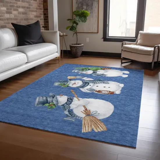 Navy Blue Denim Blue And Ivory Snowmen Washable Indoor Outdoor Area Rug Photo 6
